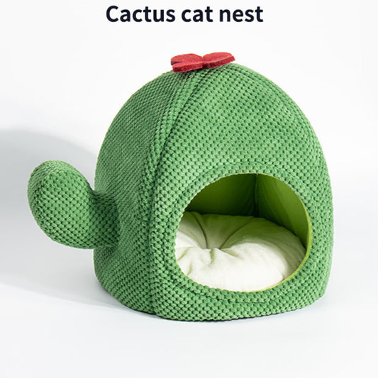 Cozy Cactus Cat Bed by CareHaven, enclosed cave style bed for cats and small dogs with cactus print fabric, soft and inviting interior.