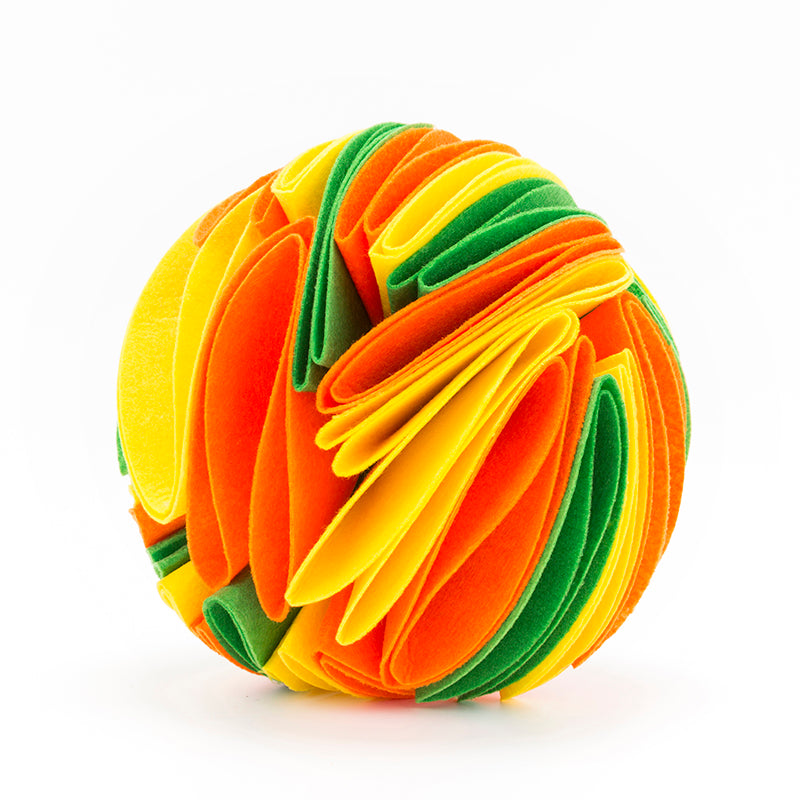 Interactive snuffle ball for dogs by Petcartsupply.store, treat puzzle toy with colorful fabric and hidden compartments for mental stimulation.