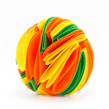 Interactive snuffle ball for dogs by Petcartsupply.store, treat puzzle toy with colorful fabric and hidden compartments for mental stimulation.