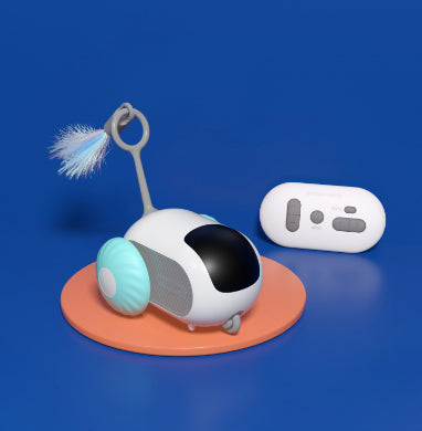 Remote-controlled Cat Car by CareHaven, an interactive chase toy for cats, showing a colorful toy car with feline play accessories.