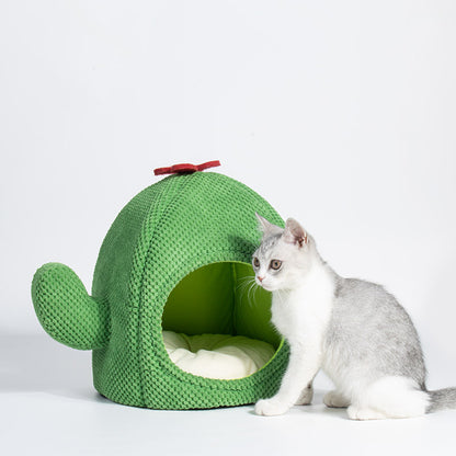 CareHaven Cozy Cactus Cat Bed, enclosed cave-style bed for cats and small dogs with cactus-shaped design and soft interior.