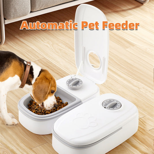 CareHaven automatic pet feeder and water dispenser for dogs and cats showing a sleek white device with food and water bowls