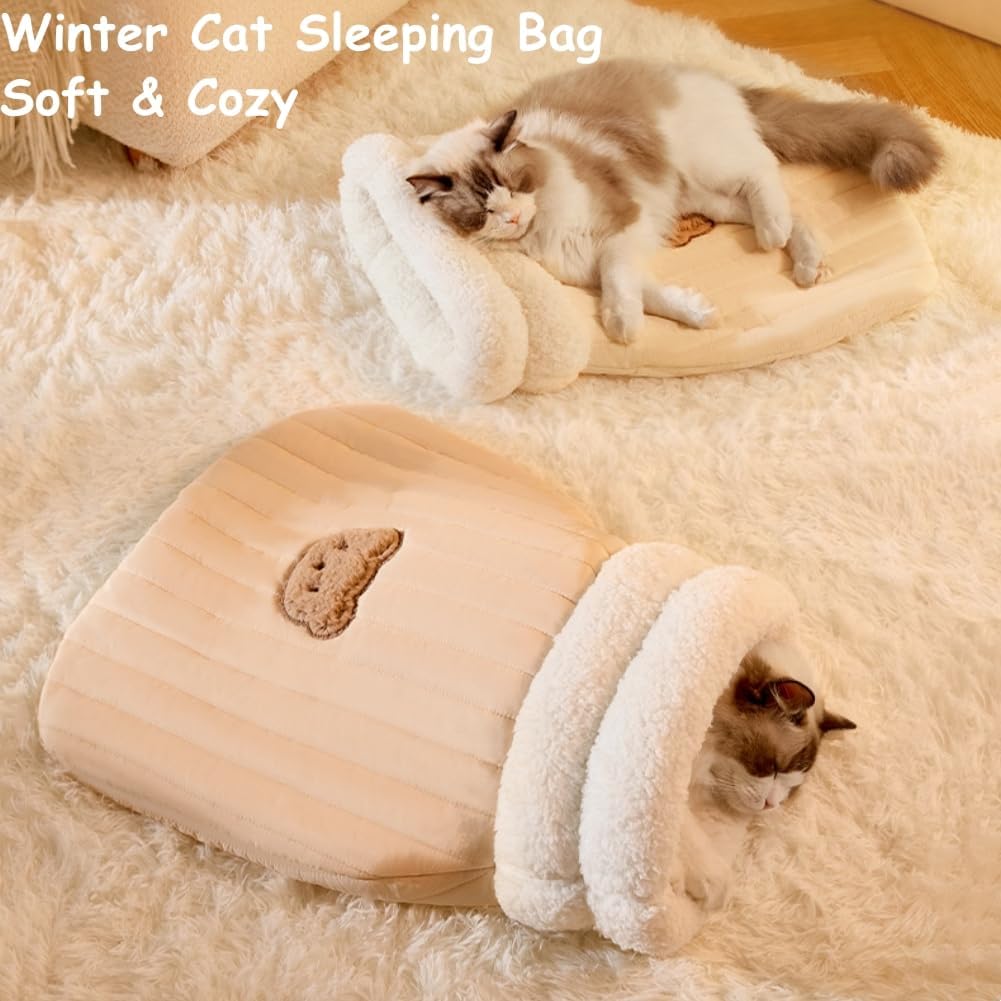 Soft plush CareHaven Cozy Cat Sleeping Bag with cave design, perfect for indoor cats to rest comfortably.