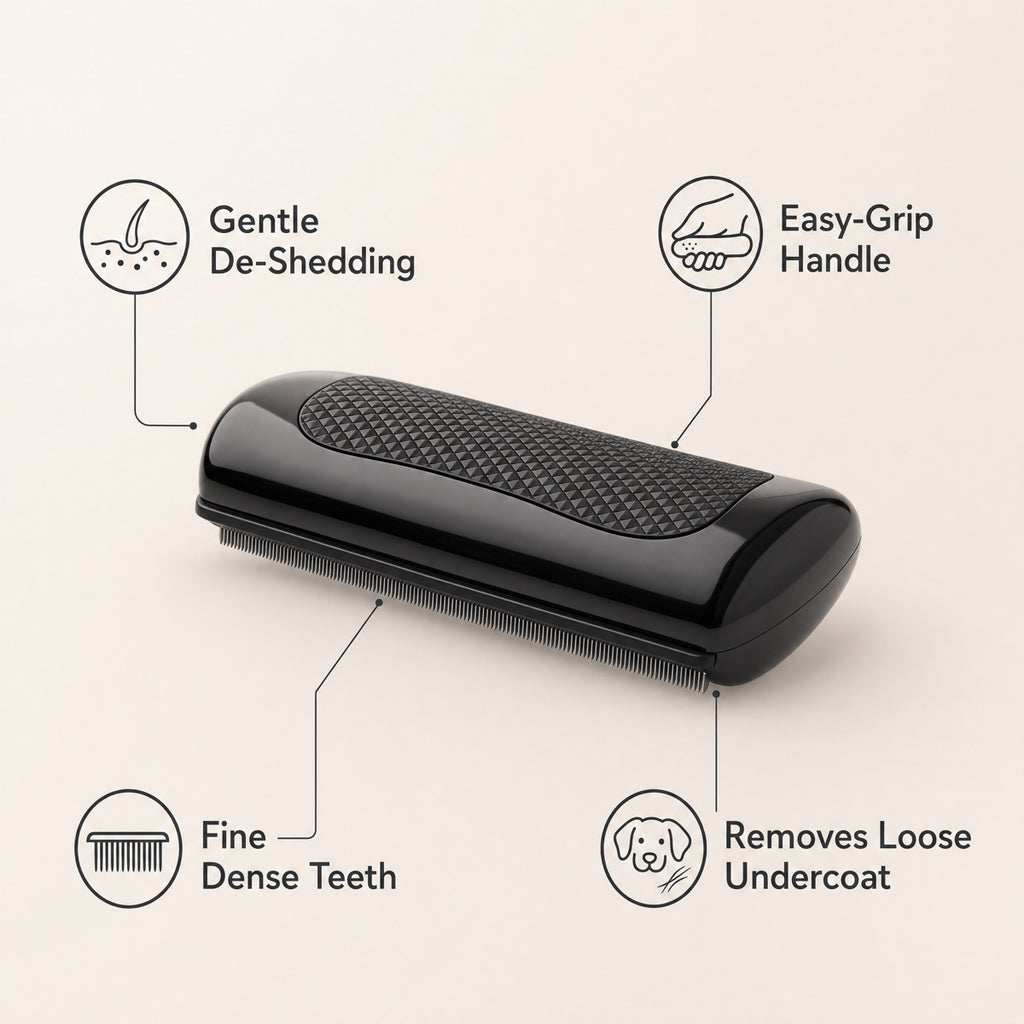 Pet grooming comb from Petcartsupply.store with metal teeth and ergonomic handle for gentle pet fur detangling and brushing.