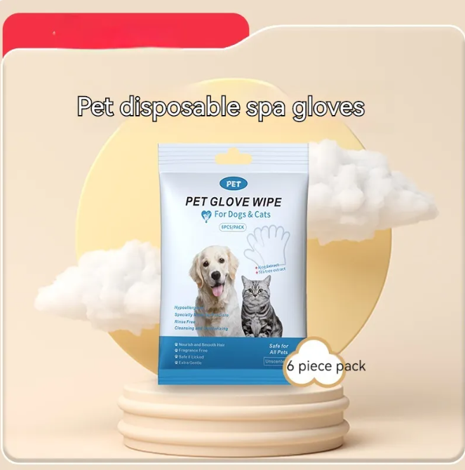 Pet cleaning gloves and wipes from Petcartsupply.store, showing waterproof gloves and disposable wipes for pet grooming.