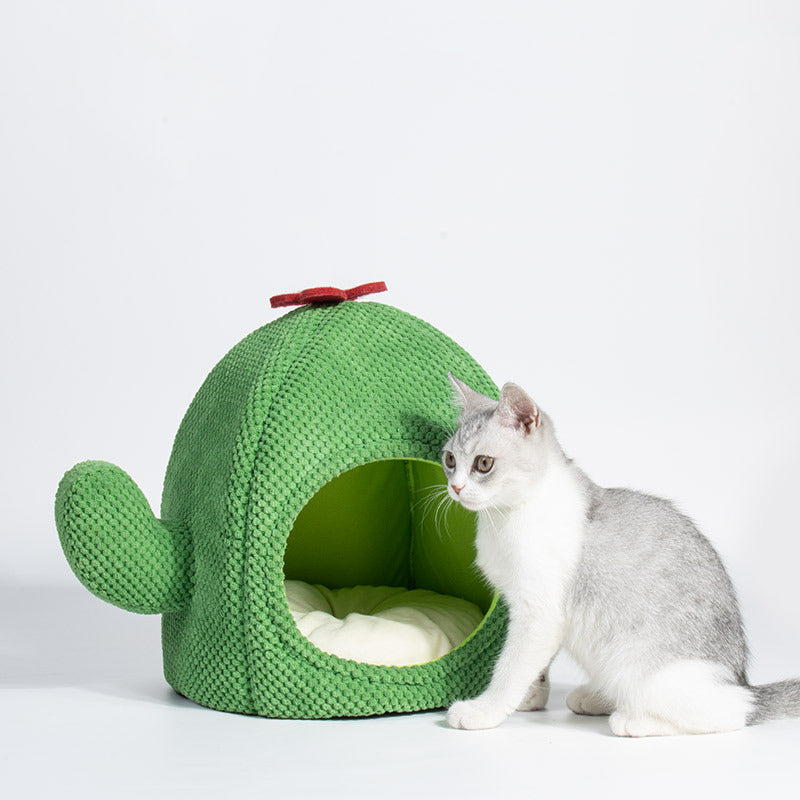 CareHaven Cozy Cactus Cat Bed enclosed cave bed for cats and small dogs, featuring a soft, plush interior and cactus-shaped exterior.