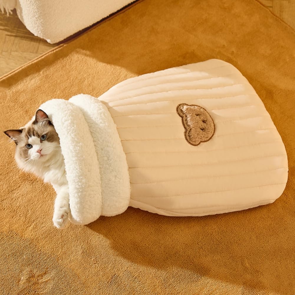 CareHaven cozy cat sleeping bag in plush cave bed, perfect for indoor cats to rest comfortably and stay warm.