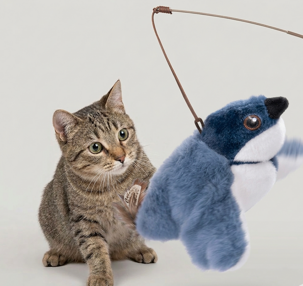 Colorful Flapping Bird Cat Toy by Petcartsupply.store featuring a soft plush bird with fluttering wings for feline entertainment.