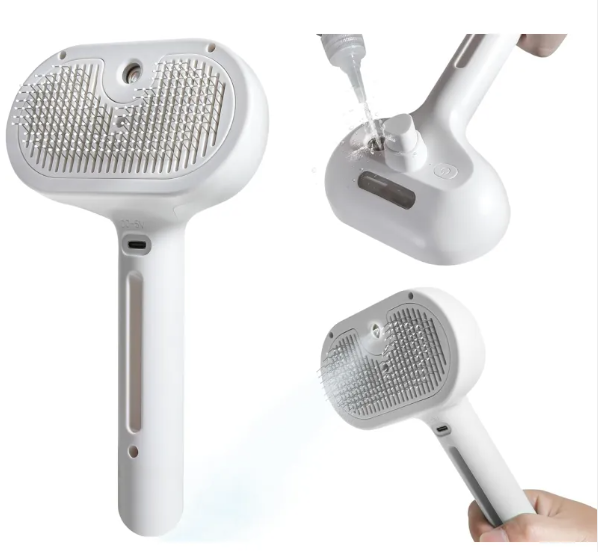 Pet Hair Spray Brush by Petcartsupply.store with bristles and spray mechanism for detangling and grooming pet fur.