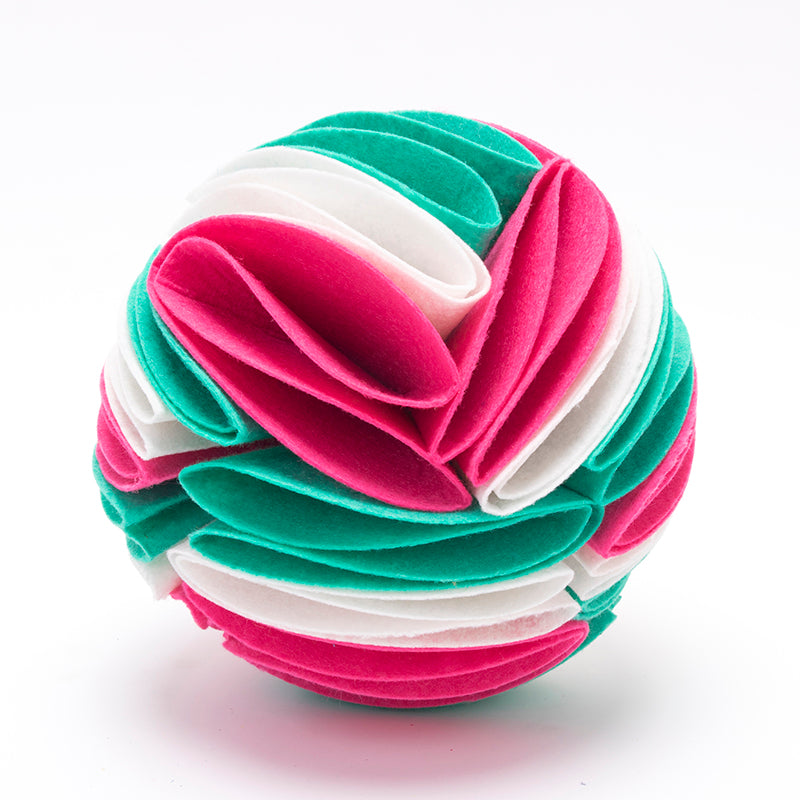 Interactive dog treat puzzle toy, Petcartsupply.store Snuffle Ball with textured surface and hidden compartments for mental stimulation.