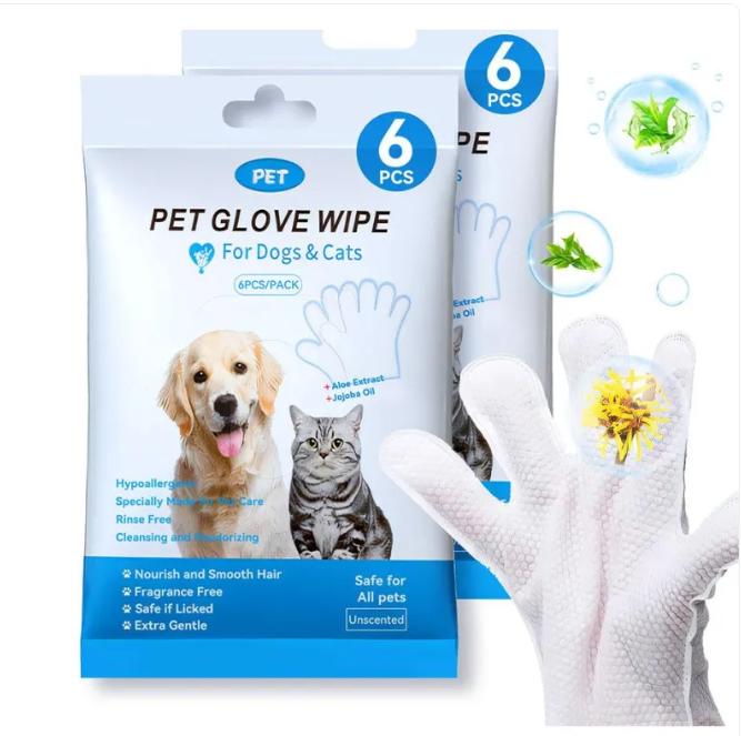 Pet cleaning gloves and wipes by Petcartsupply.store, showing reusable gloves and cleaning wipes for pet grooming and hygiene.
