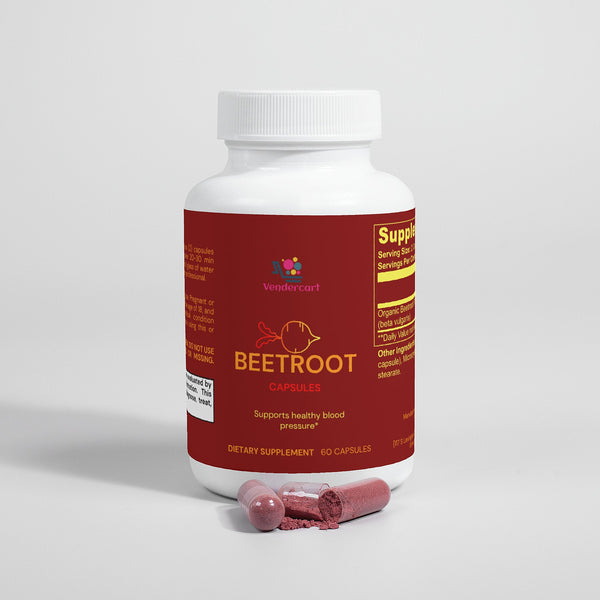 CareHaven Beetroot Powder for natural energy, heart health, and antioxidants, shown in a clear jar with fresh beetroots around it.
