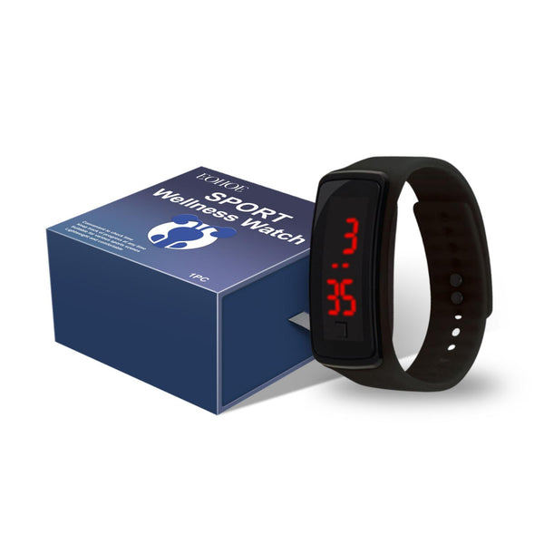 CareHaven Sport Wellness Watch with digital display and sleek black strap, designed for fitness tracking and health monitoring.