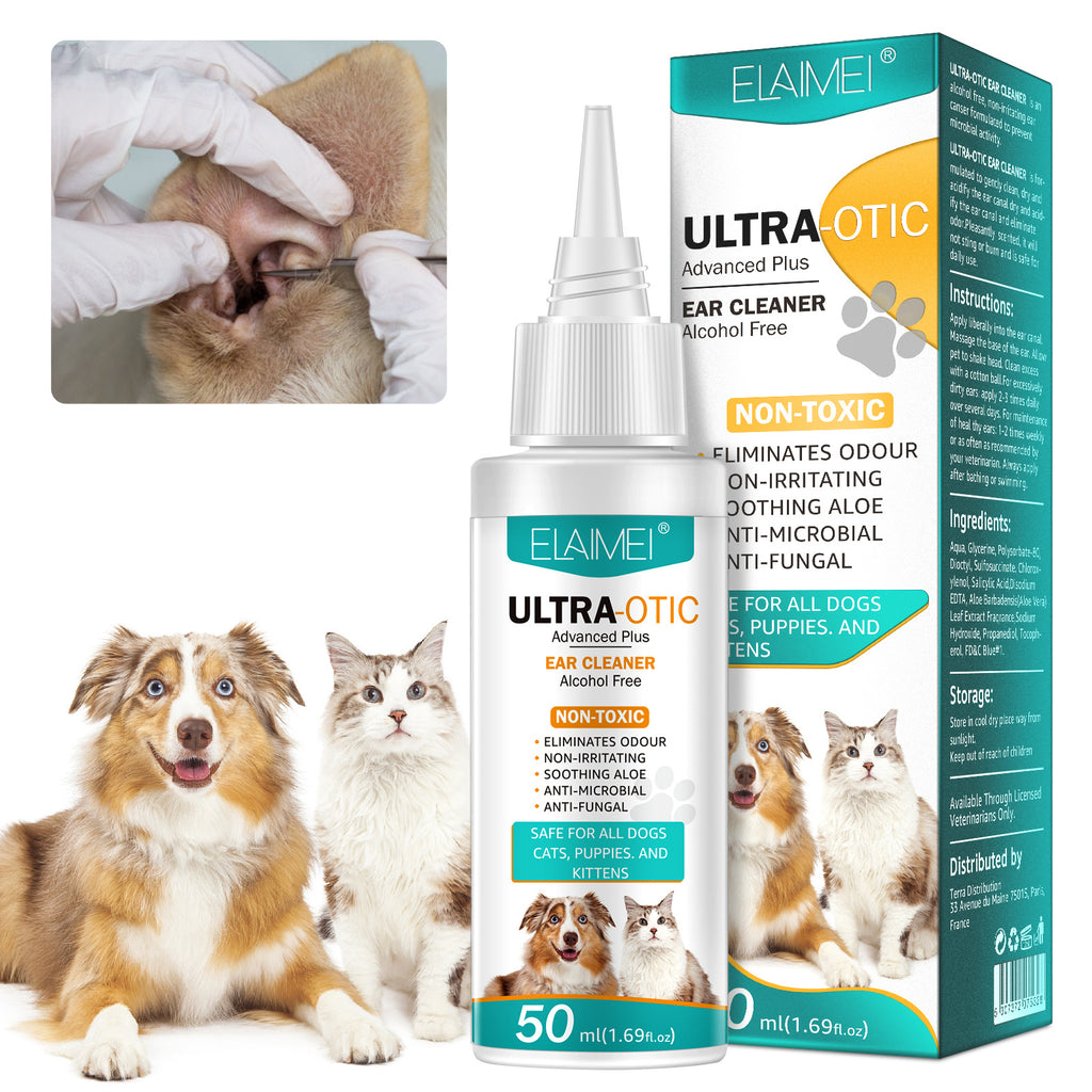 Pet ear cleaner in a 50ml bottle from Petcartsupply.store, suitable for gentle cleaning of pet ears.