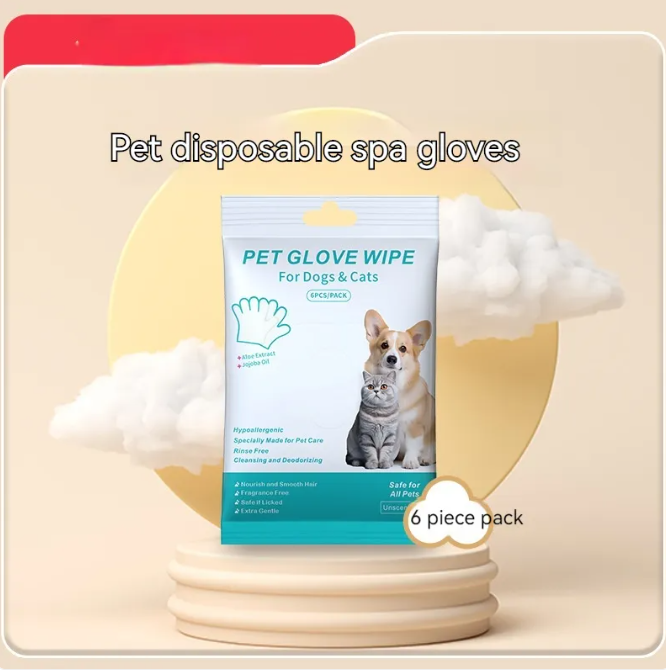 Pet cleaning gloves and wipes from Petcartsupply.store, showing soft gloves and disposable wipes for pet grooming and cleaning.