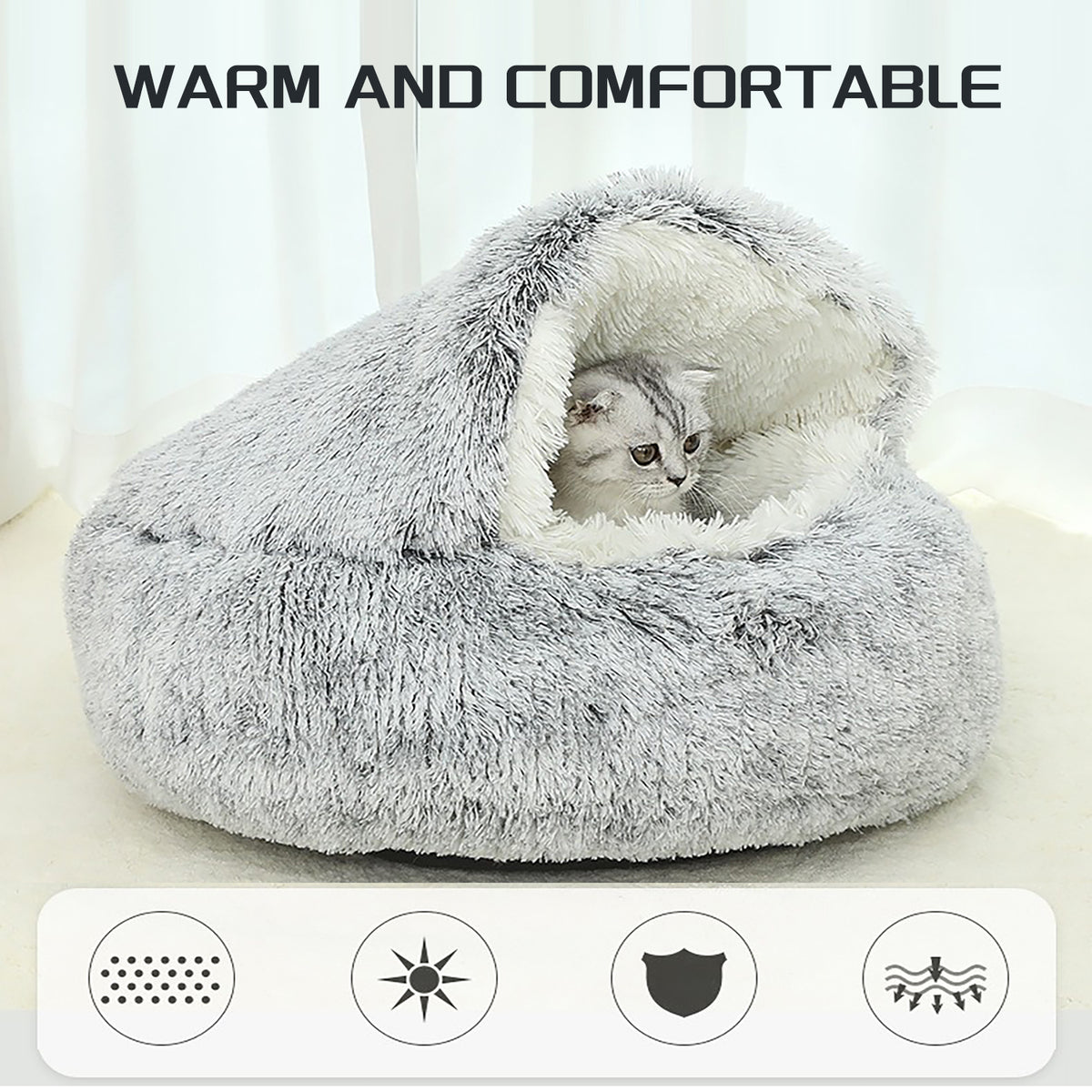 Soft plush donut cat bed by CareHaven, cozy cave for cats and small dogs with a cushioned interior and appealing donut shape.